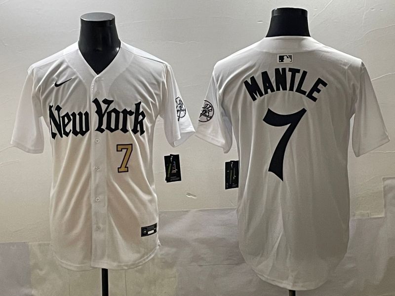 Men 2025 New York Yankees #7 Mantle White Five generations Joint Name Nike MLB Jersey style 4